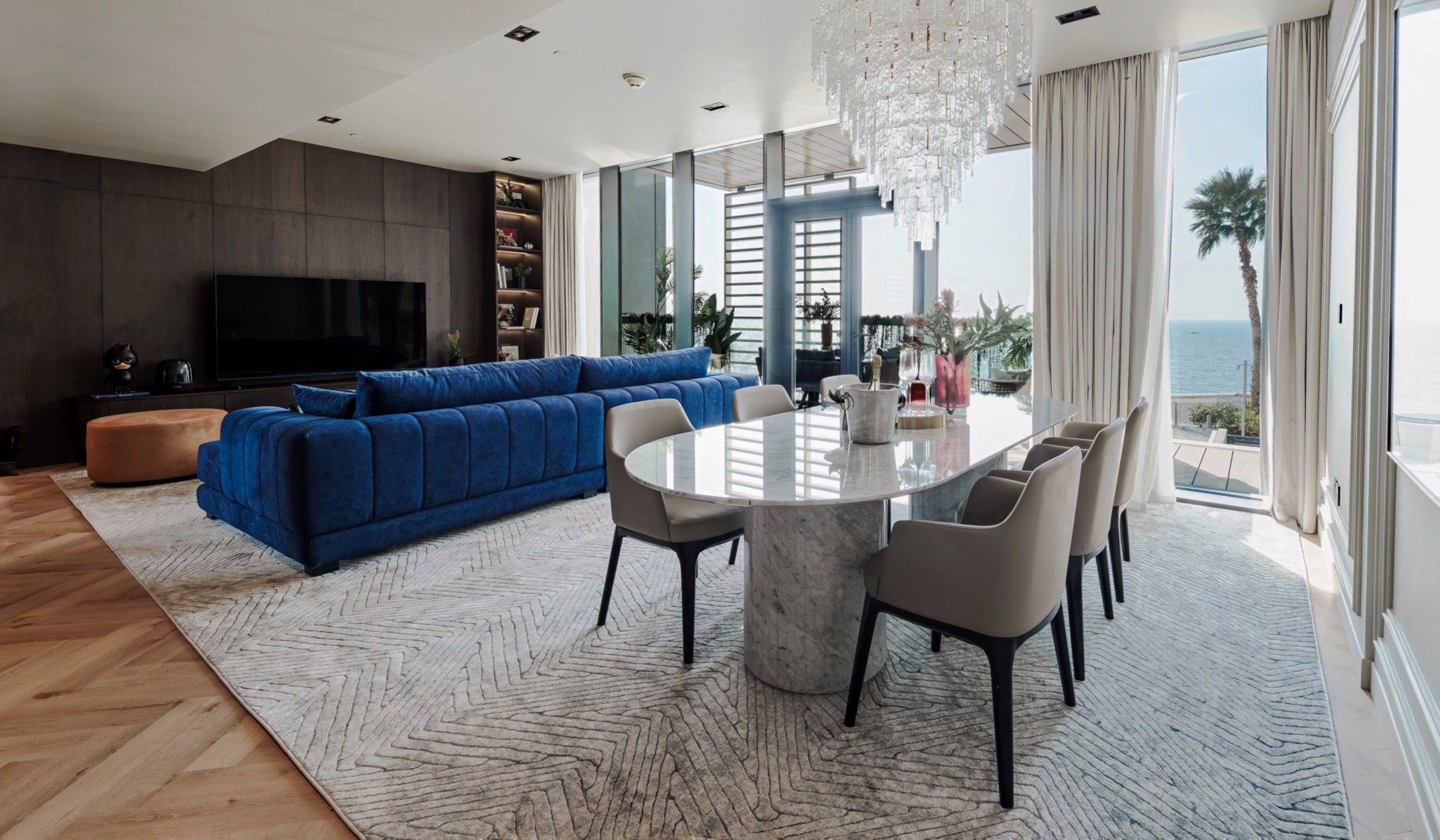 Upgraded Bluewaters Island apartment living room with sea views